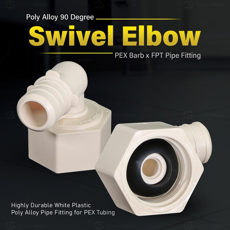 SUPPLYGIANT Supply Giant QQTM1212-5 Plastic Poly Alloy 90 Degree Swivel Elbow PEX x FPT Barb Pipe Fitting 1/2'' x 1/2'' White (5 Pack) - Image 2